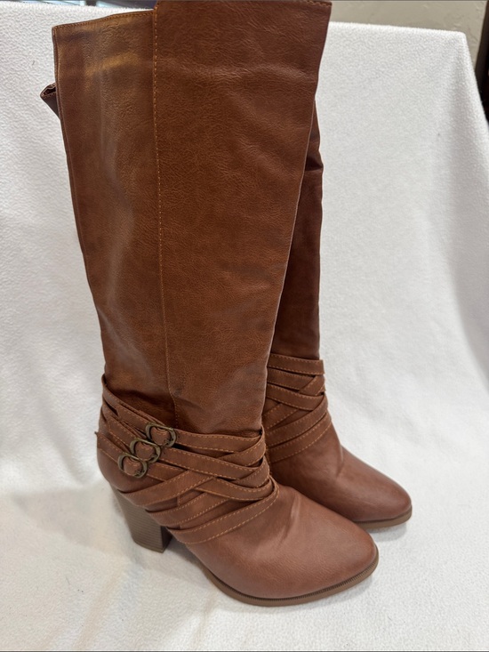 Forever Shoes - Brown Mid-Calf Heeled Boots with Buckle Straps